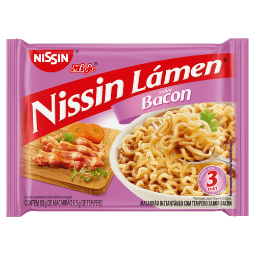 Macarrao-Instantaneo-Lamen-com-Tempero-de-Bacon-Nissin-Miojo-Pacote-85g-Sendo-80g-de-Macarrao-e-5g-de-Tempero