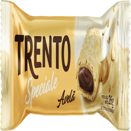 Wafer-Recheio-Creme-de-Avela-Cobertura-Chocolate-Branco-e-Pedacos-de-Avela-Trento-Speciale-Pacote-26g