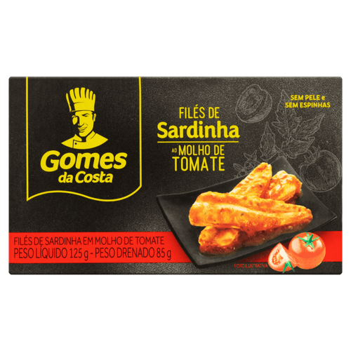 File-de-Sardinha-ao-Molho-de-Tomate-sem-Pele-sem-Espinhas-Gomes-da-Costa-Caixa-Peso-Liquido-125g-Peso-Drenado-85g File-de-Sardinha-ao-Molho-de-Tomate-sem-Pele-sem-Espinhas-Gomes-da-Costa-Caixa-Peso-Liquido-125g-Peso-Drenado-85g
