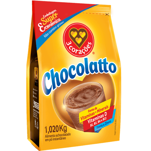 Alimento-Achocolatado-em-Po-Instantaneo-3-Coracoes-Chocolatto-Pacote-102kg-Embalagem-Super-Economica