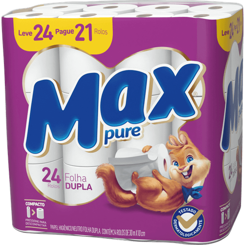 Papel-Higienico-Folha-Dupla-Neutro-Max-Pure-30m-Pacote-Leve-24-Pague-21-Unidades Papel-Higienico-Folha-Dupla-Neutro-Max-Pure-30m-Pacote-Leve-24-Pague-21-Unidades