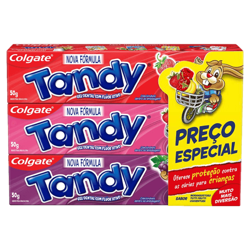 Kit-Gel-Dental-Infantil-com-Fluor-Morangostoso-Tutti-Frutti-e-Uvaventura-Colgate-Tandy-3-Unidades-50g-Cada-Preco-Especial