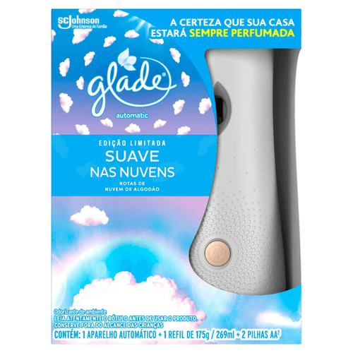 Aparelho-e-Odorizador-de-Ambiente-Suave-nas-Nuvens-Notas-de-Nuvem-de-Algodao-Glade-Automatic-Caixa-269ml-Spray-Edicao-Limitada
