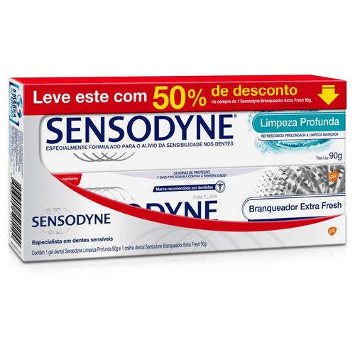 Kit-Gel-Dental-Limpeza-Profunda---Creme-Dental-Branqueador-Extra-Fresh-Sensodyne-180g-2-Unidades-90g-Cada-Preco-Promocional Kit-Gel-Dental-Limpeza-Profunda---Creme-Dental-Branqueador-Extra-Fresh-Sensodyne-180g-2-Unidades-90g-Cada-Preco-Promocional
