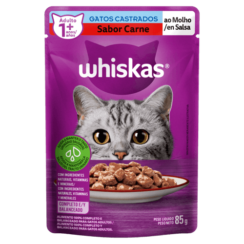 Alimento-100--Completo-e-Balanceado-para-Gatos-Castrados-Adultos-Carne-ao-Molho-Whiskas-Sache-85g Alimento-100--Completo-e-Balanceado-para-Gatos-Castrados-Adultos-Carne-ao-Molho-Whiskas-Sache-85g
