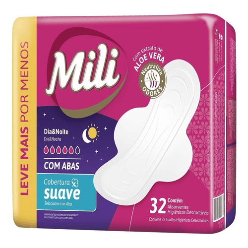 Absorvente-Higienicos-Descartaveis-com-Abas-Mili-Leve-Mais-Pague-Menos-Pacote-32-Unidades Absorvente-Higienicos-Descartaveis-com-Abas-Mili-Leve-Mais-Pague-Menos-Pacote-32-Unidades