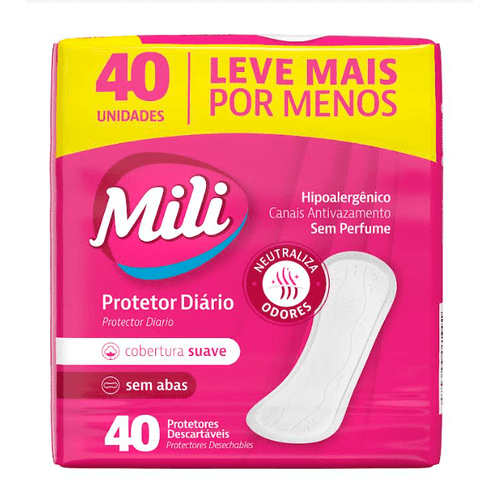 Protetor-Diario-Sem-Abas-Mili-Leve-Mais-Pague-Menos-Pacote-40-Unidades Protetor-Diario-Sem-Abas-Mili-Leve-Mais-Pague-Menos-Pacote-40-Unidades