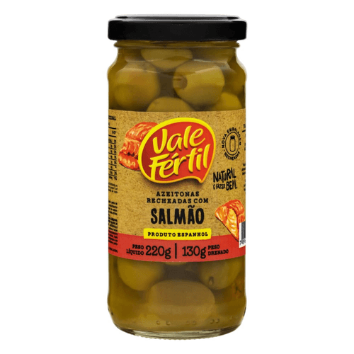 Azeitona-Verde-em-Conserva-Recheio-Salmao-Vale-Fertil--Vidro-Peso-Liquido-220g-Peso-Drenado-130g Azeitona-Verde-em-Conserva-Recheio-Salmao-Vale-Fertil--Vidro-Peso-Liquido-220g-Peso-Drenado-130g