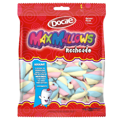 Marshmallow-Baunilha-Recheio-Morango-Twist-Colorido-Docile-Maxmallows-Pacote-220g Marshmallow-Baunilha-Recheio-Morango-Twist-Colorido-Docile-Maxmallows-Pacote-220g