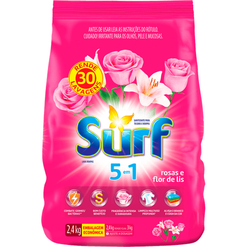 Sanitizante-Lava-Roupas-em-Po-5-em-1-Rosas-e-Flor-de-Lis-Surf-Pacote-24kg-Embalagem-Economica