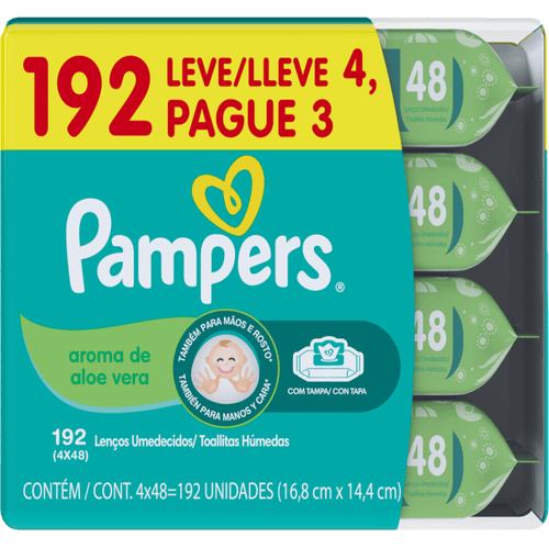 Lenco-Umedecido-Infantil-Aloe-Vera-Pampers-Pacote-Leve-4-Pague-3-Unidades-de-48-Lencos-Cada