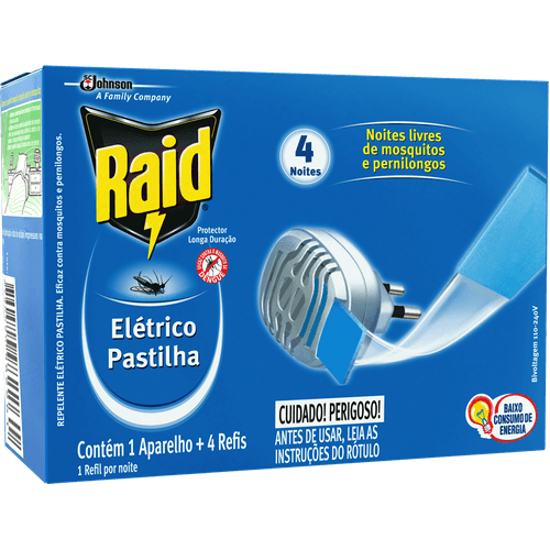 Kit-1-Aparelho---4-Repelente-Pastilha-Eletrico-4-Noites-Raid-Refil Kit-1-Aparelho---4-Repelente-Pastilha-Eletrico-4-Noites-Raid-Refil