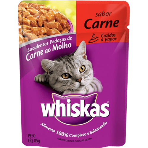 Alimento-para-Gatos-Adultos-Carne-ao-Molho-Encorpado-Refeicao-Completa-Whiskas-Sache-85g Alimento-para-Gatos-Adultos-Carne-ao-Molho-Encorpado-Refeicao-Completa-Whiskas-Sache-85g
