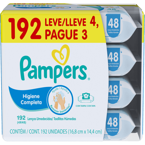 Lenco-Umedecido-Infantil-Pampers-Higiene-Completa-Pacote-Leve-4-Pague-3-Unidades-de-48-Lencos-Cada