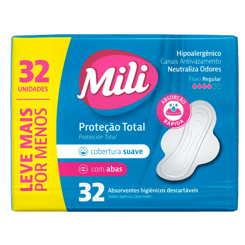 Absorvente-Higienico-Descartavel-com-Abas-Mili-Leve-Mais-Pague-Menos-Pacote-32-Unidades Absorvente-Higienico-Descartavel-com-Abas-Mili-Leve-Mais-Pague-Menos-Pacote-32-Unidades