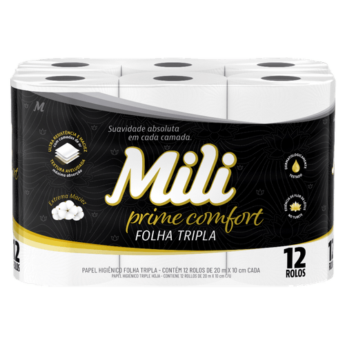 Papel-Higienico-Mili-Prime-Comfort-Folha-Tripla-20-metros-12-Unidades Papel-Higienico-Mili-Prime-Comfort-Folha-Tripla-20-metros-12-Unidades