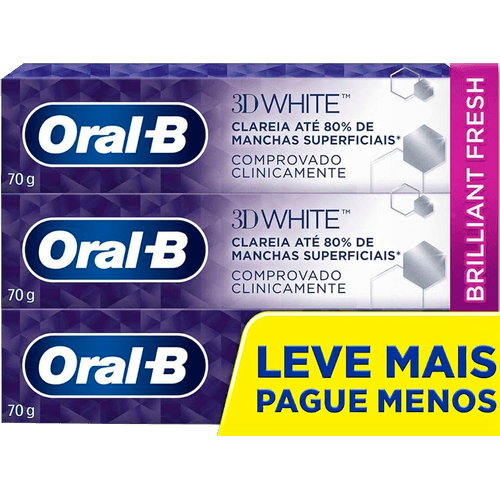Creme-Dental-Anticarie-com-Fluor-Oral-B-3D-White-Brilliant-Fresh-Caixa-70g-Cada-Leve-3-Pague-2-Unidades Creme-Dental-Anticarie-com-Fluor-Oral-B-3D-White-Brilliant-Fresh-Caixa-70g-Cada-Leve-3-Pague-2-Unidades