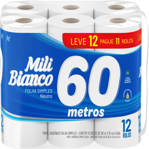 Papel-Higienico-Mili-Bianco-Folha-Simples-60-Metros-Embalagem-Economica-12-Unidades Papel-Higienico-Mili-Bianco-Folha-Simples-60-Metros-Embalagem-Economica-12-Unidades