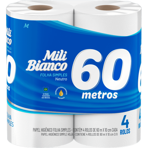 Papel-Higienico-Mili-Bianco-Folha-Simples-Neutro-60-Metros-Pacote-4-Unidades Papel-Higienico-Mili-Bianco-Folha-Simples-Neutro-60-Metros-Pacote-4-Unidades