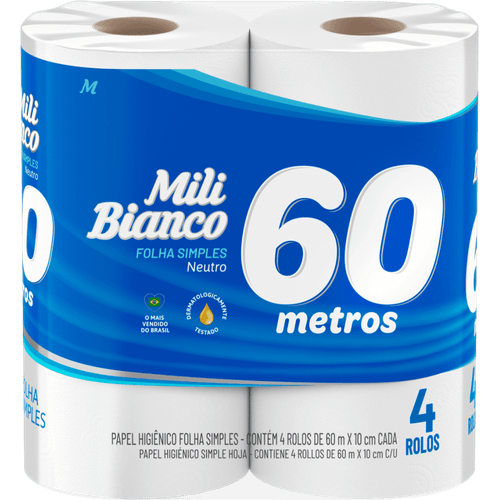 Papel-Higienico-Mili-Bianco-Folha-Simples-Neutro-60-Metros-Pacote-4-Unidades