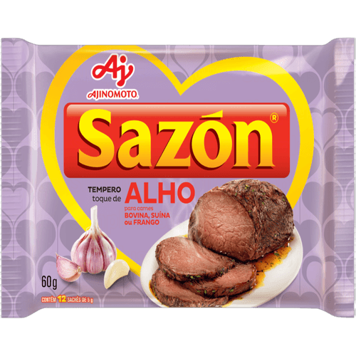 Tempero-Po-para-Carnes-Toque-de-Alho-Sazon-Pacote-60g-12-Unidades-5g-Cada Tempero-Po-para-Carnes-Toque-de-Alho-Sazon-Pacote-60g-12-Unidades-5g-Cada