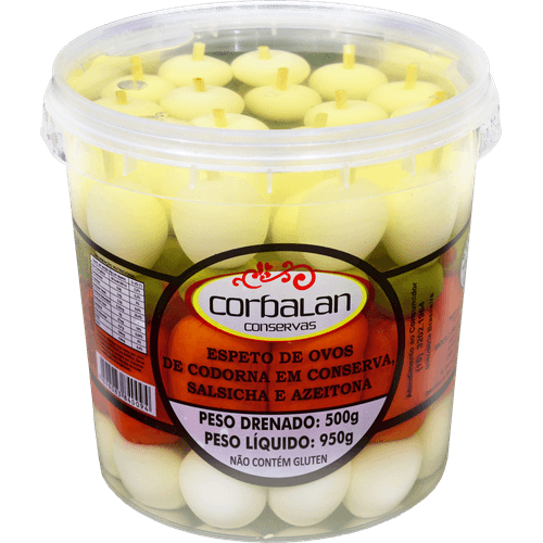 Espeto-Misto-Ovo-de-Codorna-Salsicha-Azeitona-Corbalan-500g Espeto-Misto-Ovo-de-Codorna-Salsicha-Azeitona-Corbalan-500g