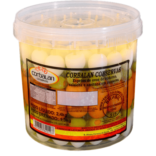 Espeto-Misto-Ovo-de-Codorna-Salsicha-Azeitona-em-Conserva-Corbalan-13Kg Espeto-Misto-Ovo-de-Codorna-Salsicha-Azeitona-em-Conserva-Corbalan-13Kg