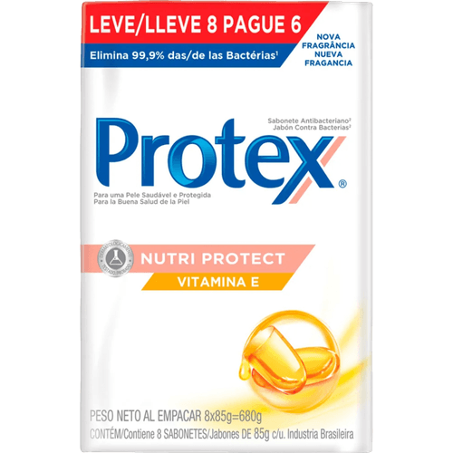 Sabonete-em-Barra-Antibacteriano-Protex-Nutri-Protect-Vitamina-E-Caixa-680g-Leve-8-Pague-6-Unidades-de-85g-Cada Sabonete-em-Barra-Antibacteriano-Protex-Nutri-Protect-Vitamina-E-Caixa-680g-Leve-8-Pague-6-Unidades-de-85g-Cada