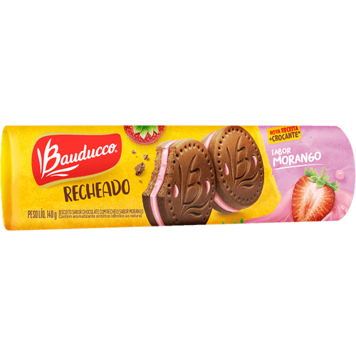 Biscoito-Chocolate-com-Recheio-Morango-Bauducco-Pacote-140g Biscoito-Chocolate-com-Recheio-Morango-Bauducco-Pacote-140g