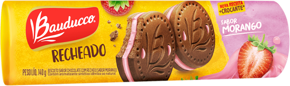 Biscoito Chocolate com Recheio Morango Bauducco Pacote 140g