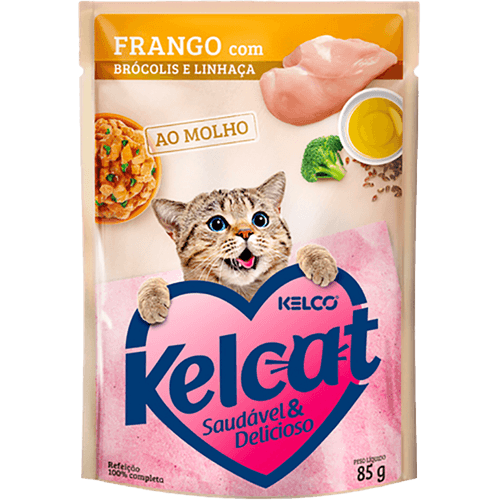 Racao-Umida-para-Gatos-Kelcat-Frango-Brocolis-e-Linhaca-Sache-85g