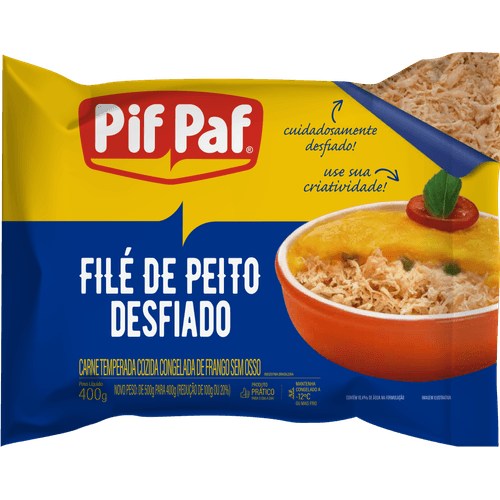 File-de-Peito-de-Frango-Pif-Paf-Desfiado-Cozido-e-Temperado-Congelado-400g File-de-Peito-de-Frango-Pif-Paf-Desfiado-Cozido-e-Temperado-Congelado-400g