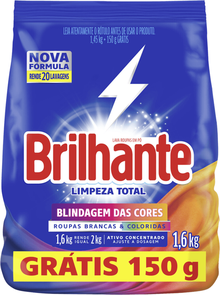 Encontraproduto.com.br - Lava Roupas em Pó Brilhante Limpeza Total Roupas Brancas e Coloridas Pacote 1.6Kg Grátis 150g