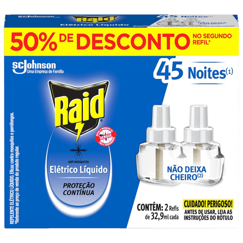 Repelente-Liquido-Eletrico-45-Noites-Raid-Caixa-2-Unidades-329ml-Cada-Gratis-50--de-Desconto-no-Segundo-Refil