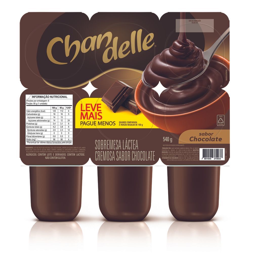 Sobremesa Láctea Chandelle Chocolate 540g c/ 6 Unid de 90g CadaLeve+Pague -