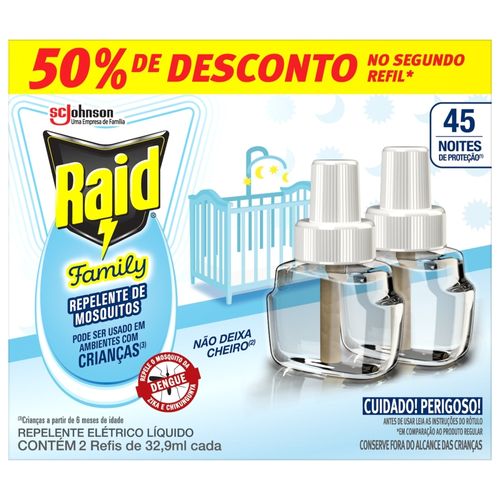 Repelente-Liquido-Eletrico-45-Noites-sem-Perfume-Raid-Family-Caixa-2-Unidades-329ml-Cada-Gratis-50--de-Desconto-no-Segundo-Refil Repelente-Liquido-Eletrico-45-Noites-sem-Perfume-Raid-Family-Caixa-2-Unidades-329ml-Cada-Gratis-50--de-Desconto-no-Segundo-Refil